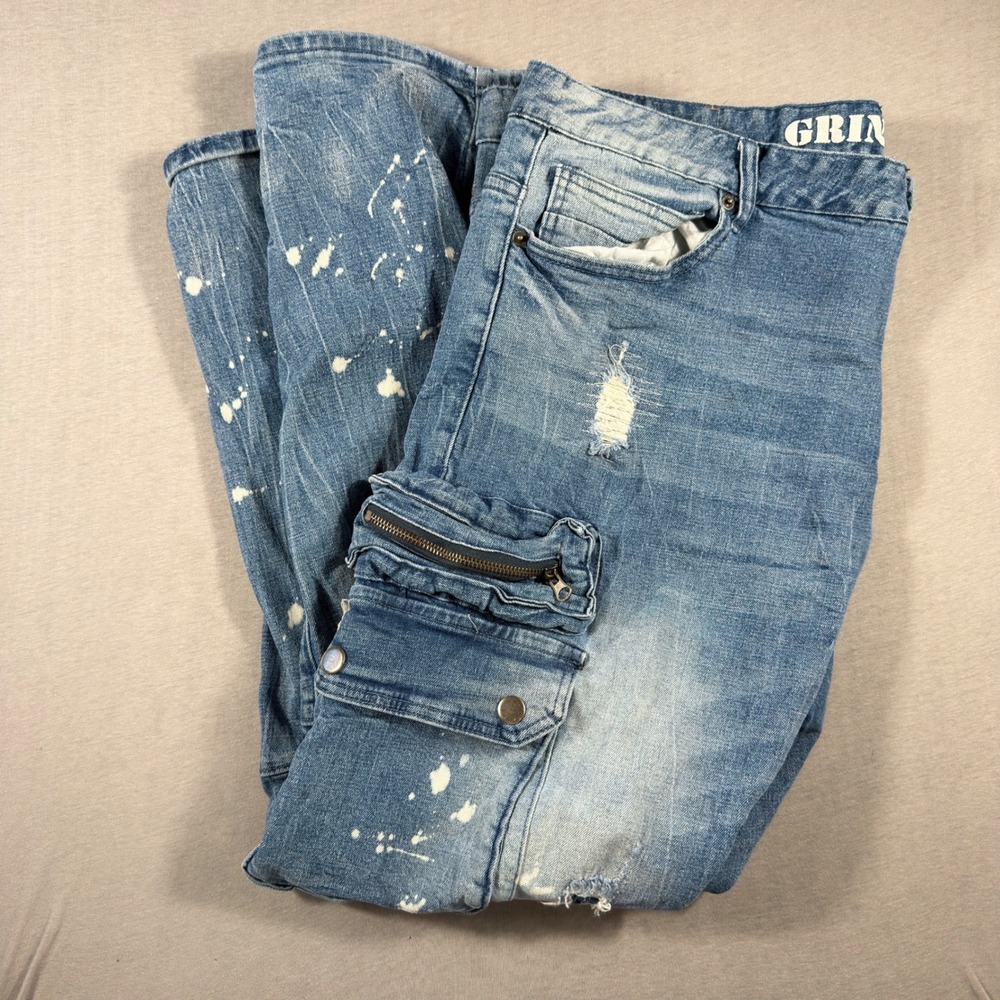 Grindhouse Denim Mens 44 Distressed Rare Splatter Cargo Jeans Light Wash Blue